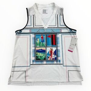 Lucky in Love Shirt Women's Large‎ White  Golf Tank Top Semi-Fitted Graphic NWT